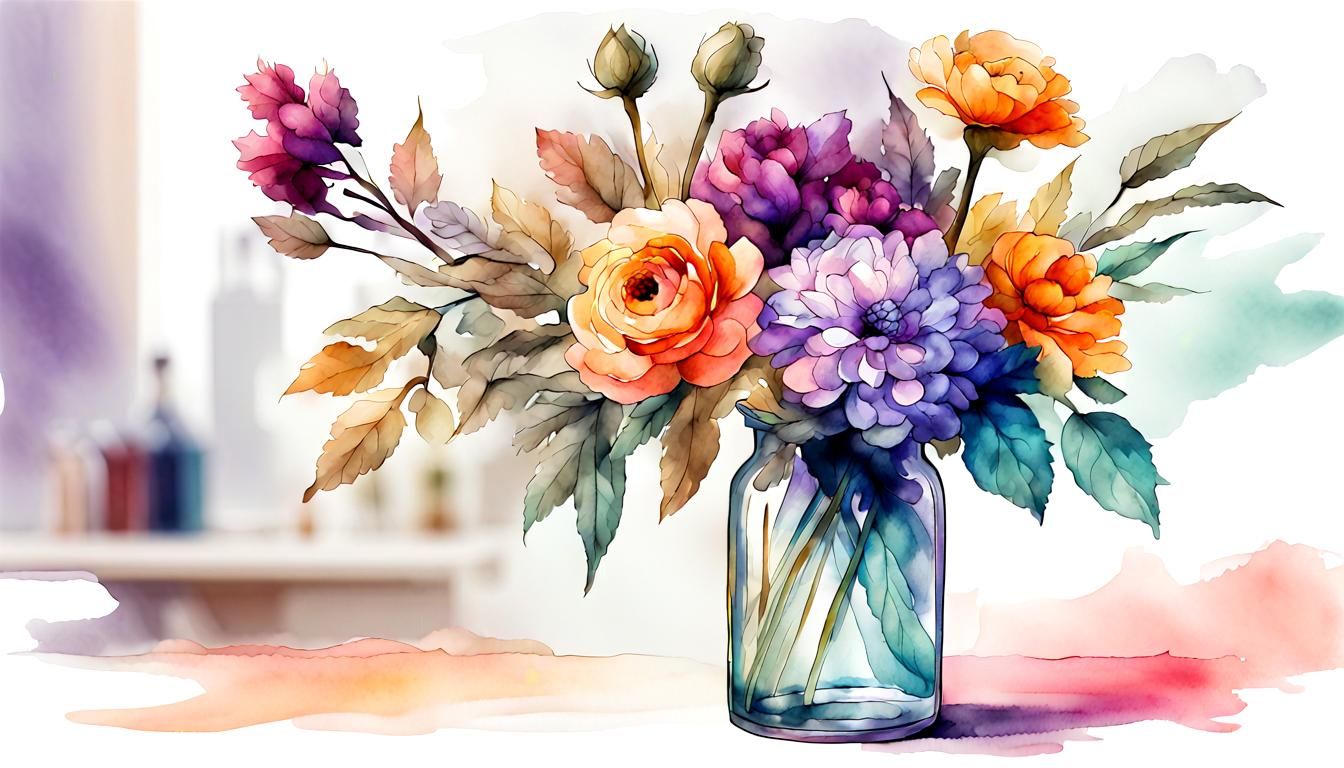 Watercolor Bouquet in Transparent Vase