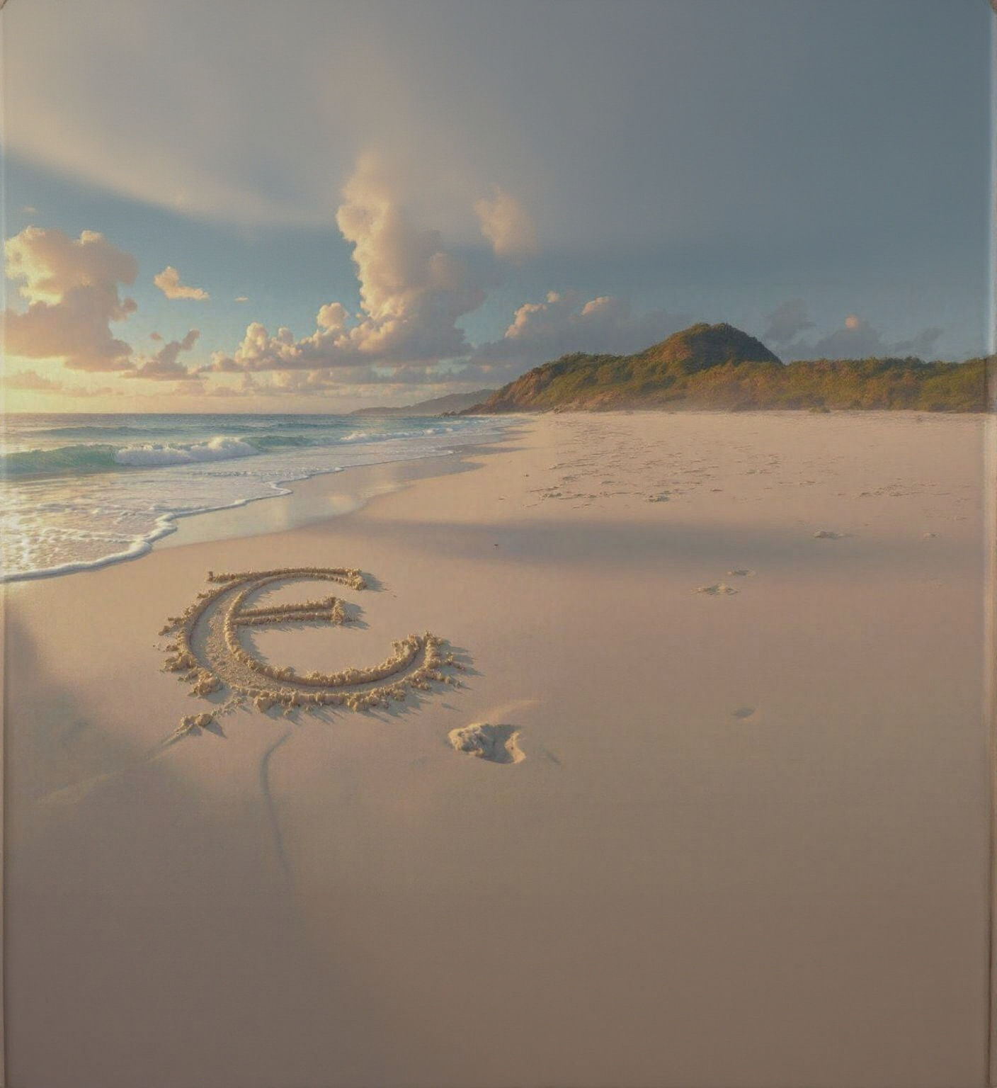 Dreamlike Beach with Letter E Engraved in Sand