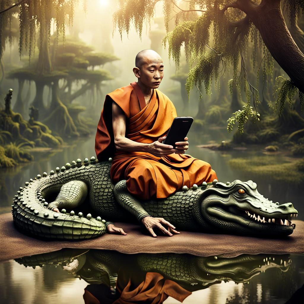 Monk on Crocodile with iPhone: Vintage Photograph