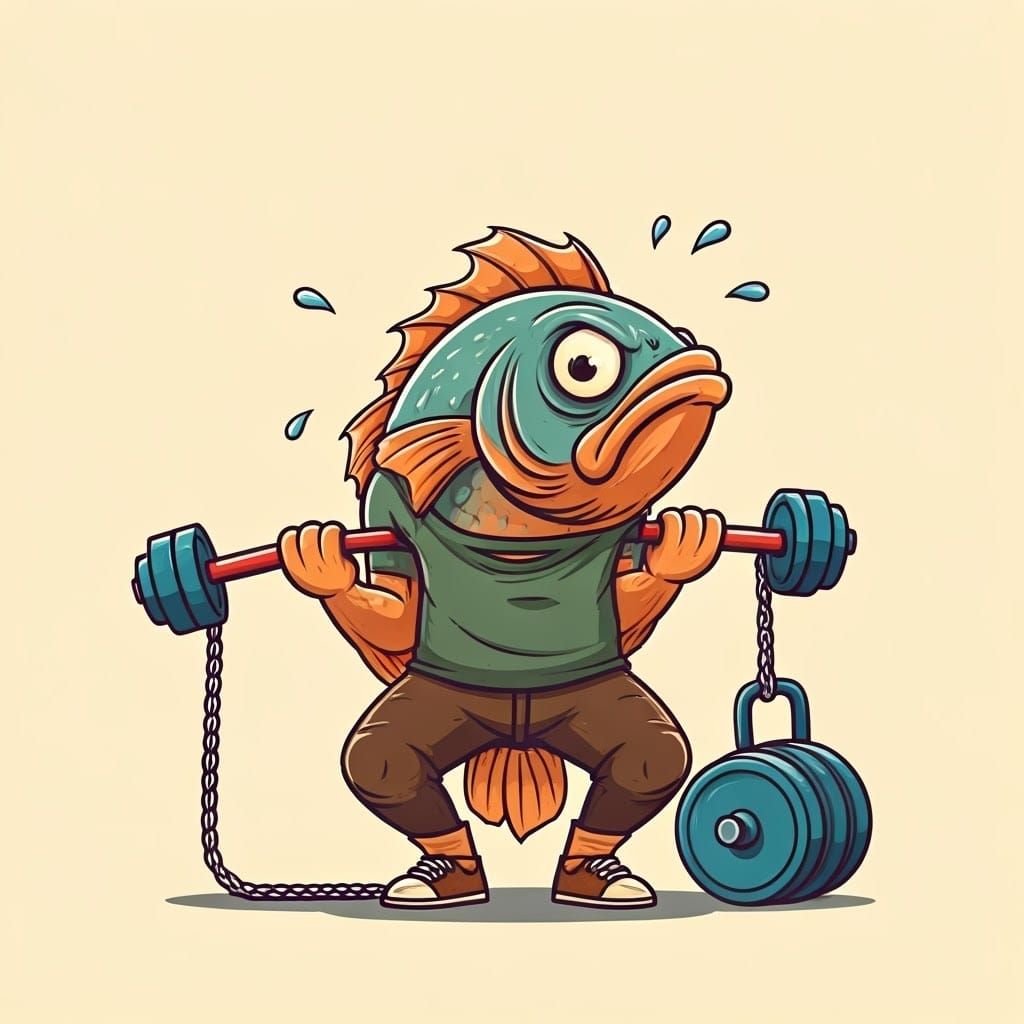 Comical Cartoon Fish in Exaggerated Weightlifting Pose
