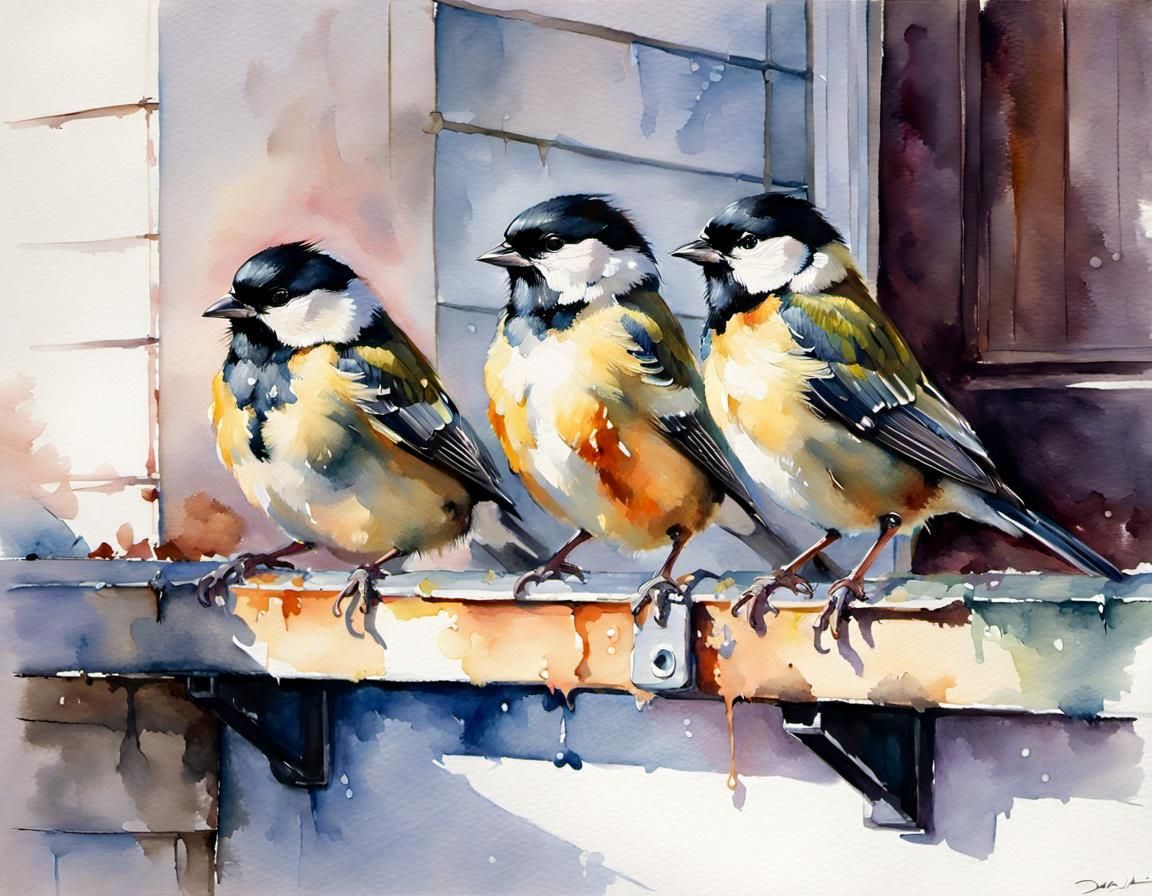 Watercolor Painting of Great Tits on Gutter