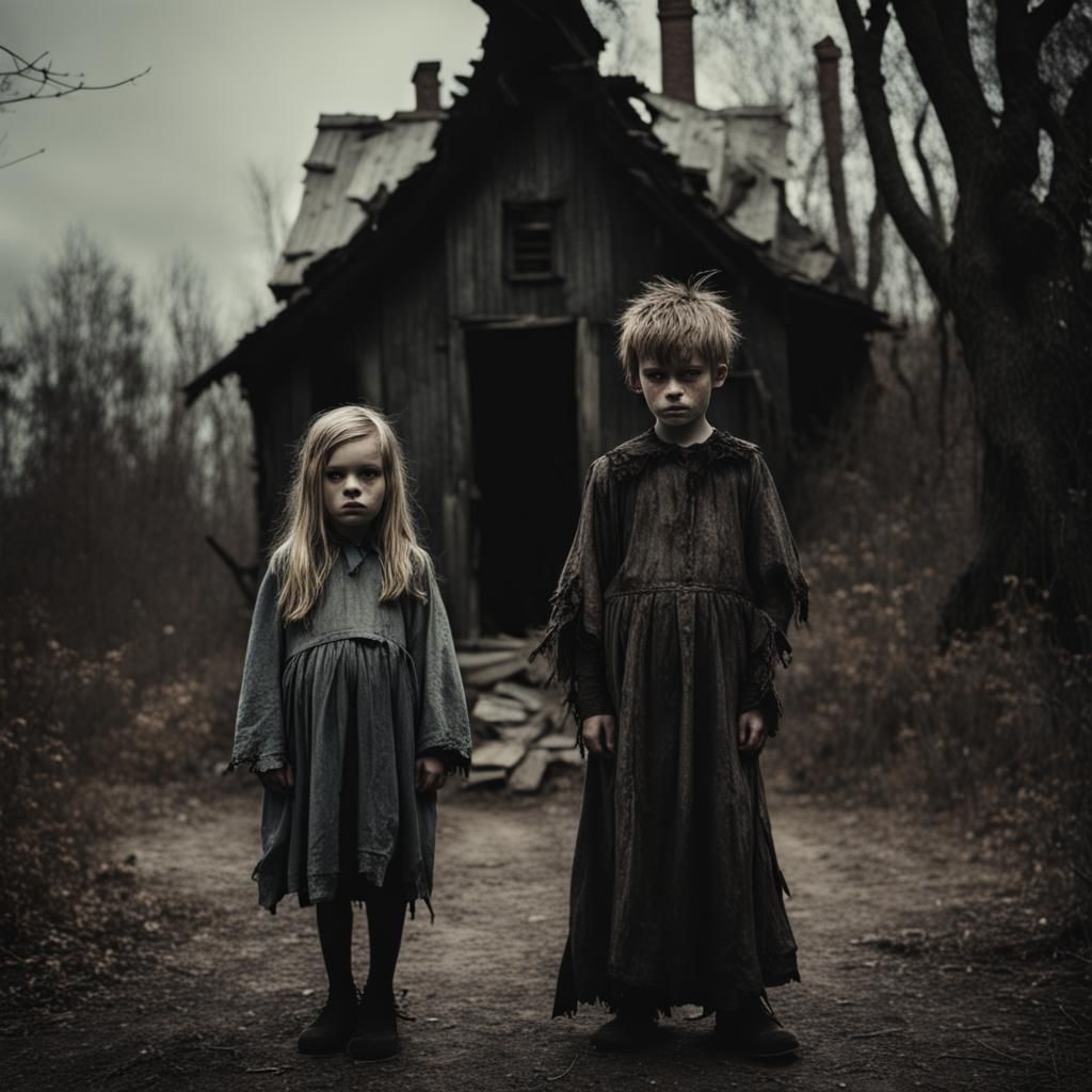 Horror Scene: Witch's House with Ragged Children