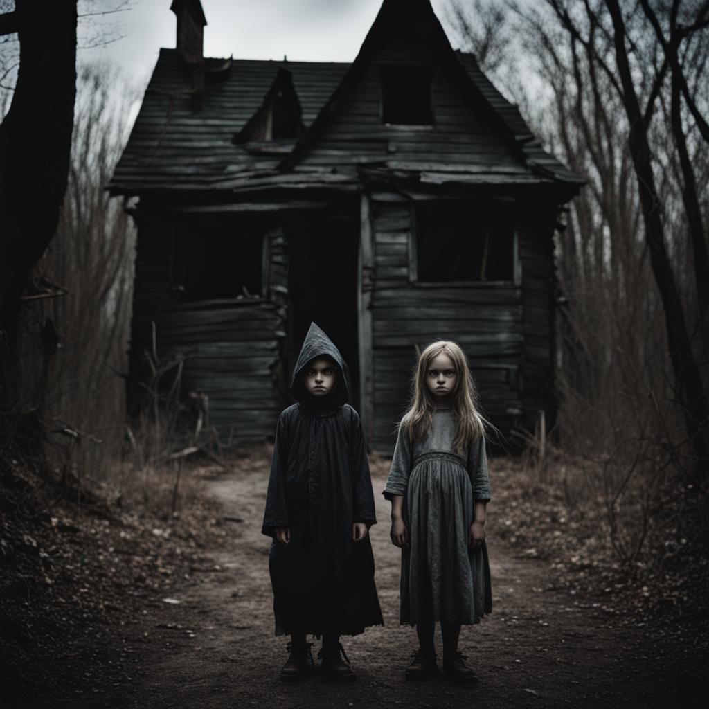 Horror Scene: Witch's House with Ragged Children