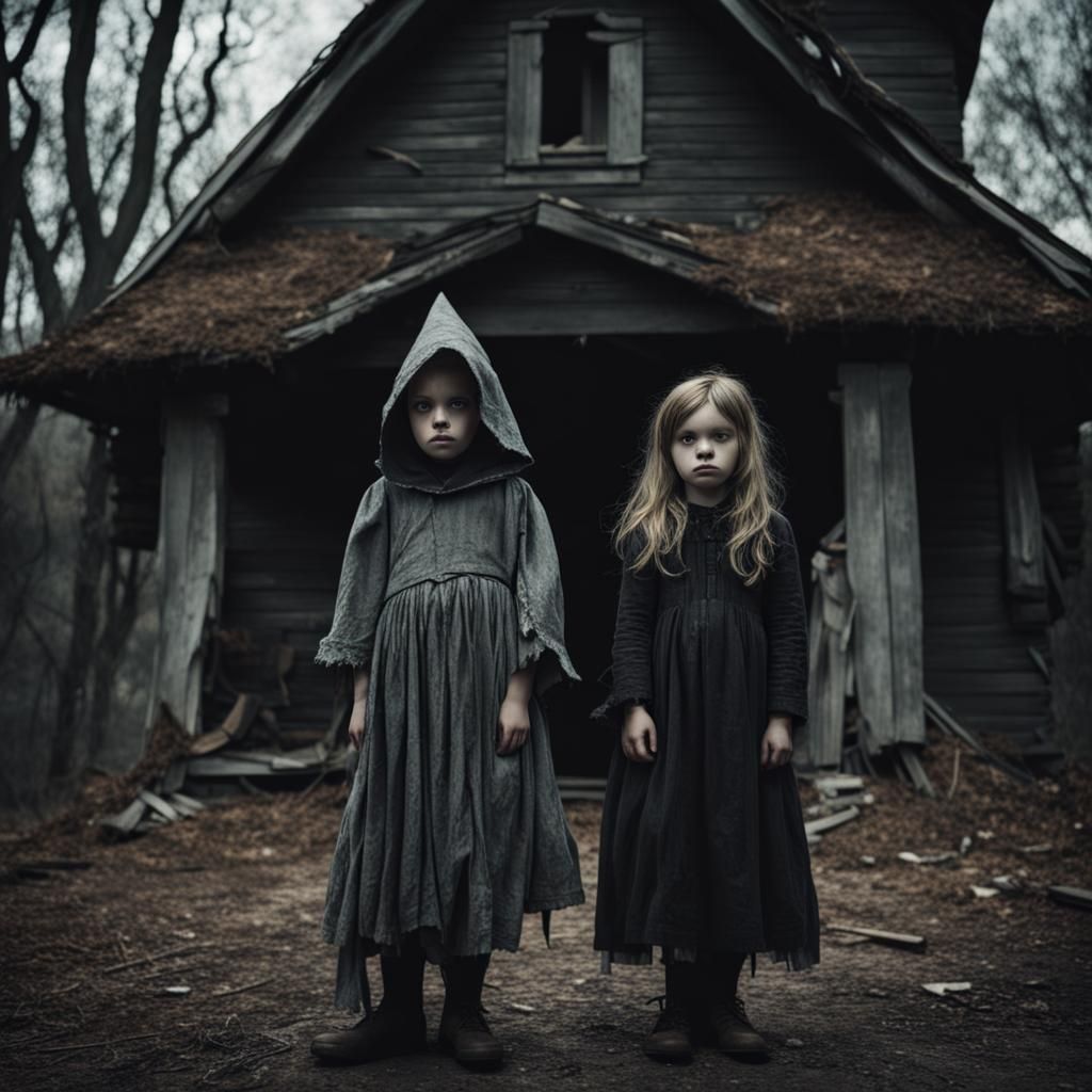 Eerie Witch's House with Children in Rags