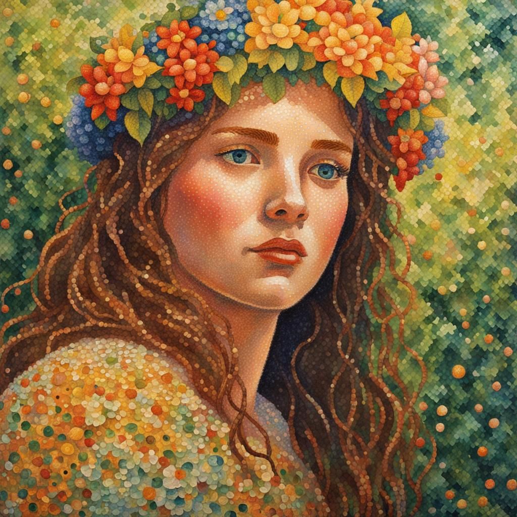 Pointillist Portrait of Woman with Flower Crown
