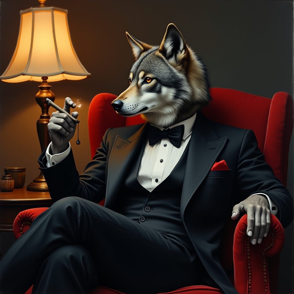 Wolf in Tuxedo Smoking Cigar in Velvet Armchair