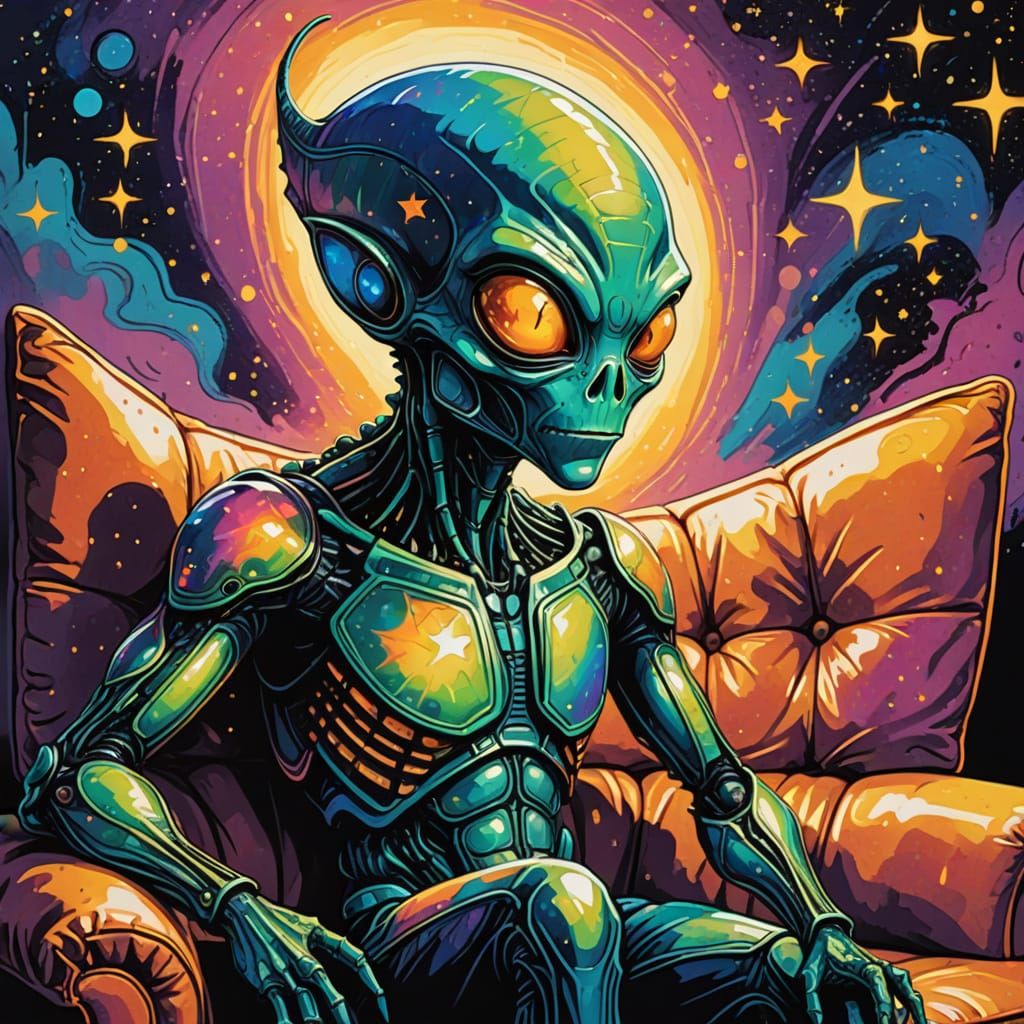 Happy Alien on Couch in Abstract Expressionism Style