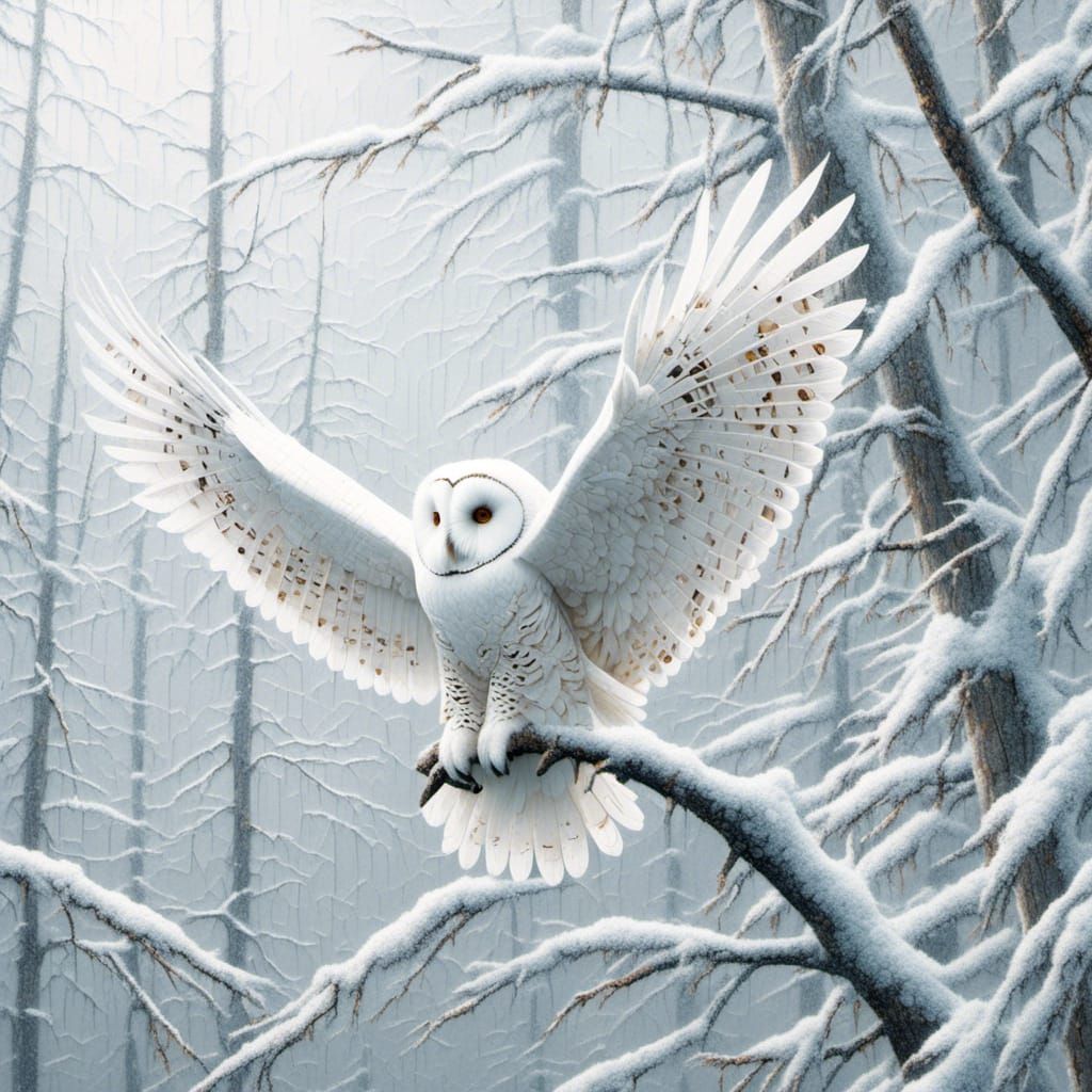 White Owl in Winter Forest Sugar-Cube Art
