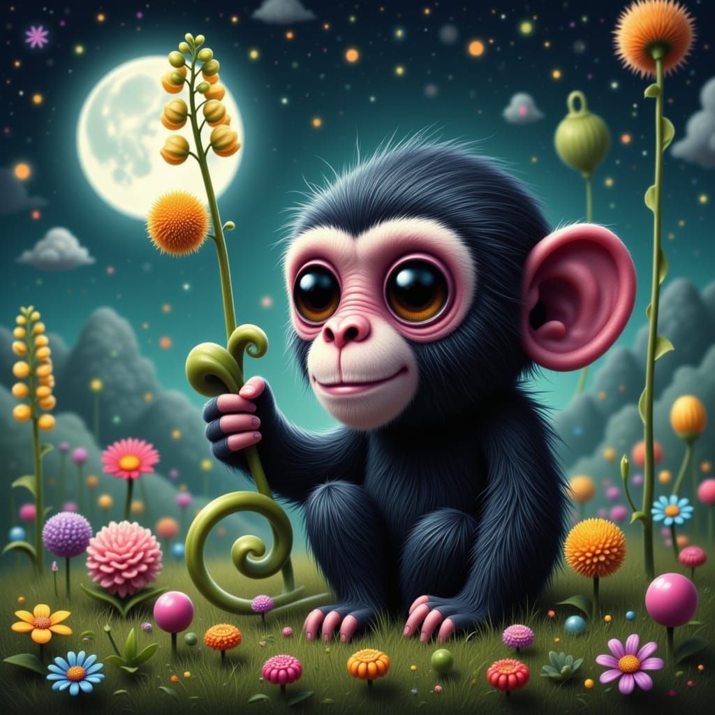 Whimsical Chimpanzee Surrounded by Fantastical Blooms in Neo...