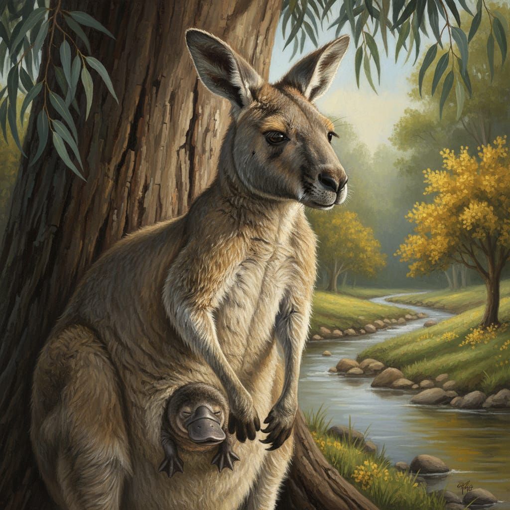 Kangaroo with Platypus in Pouch by Eucalyptus Tree