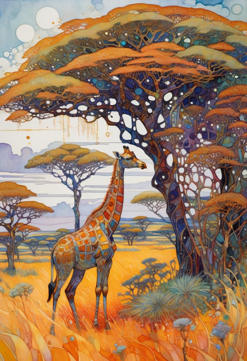 Savanna Giraffe in Intricate Watercolour Style