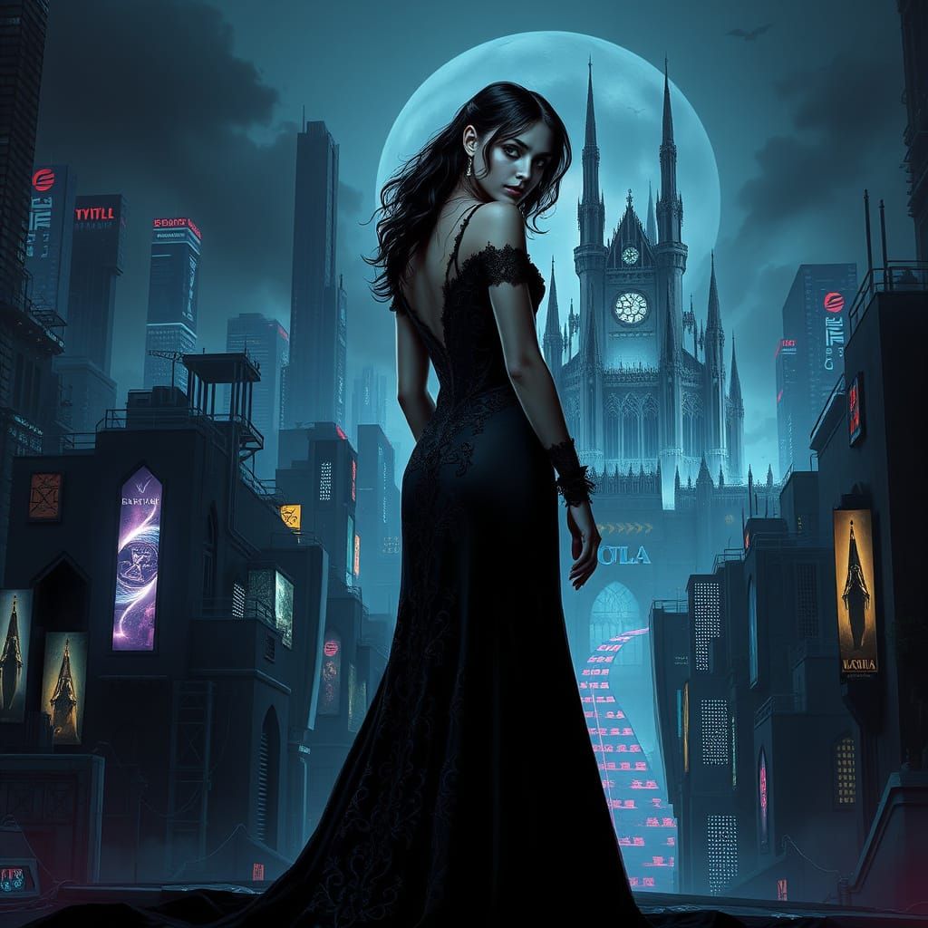 Vampire in Cyberpunk Cityscape with Gothic Castle
