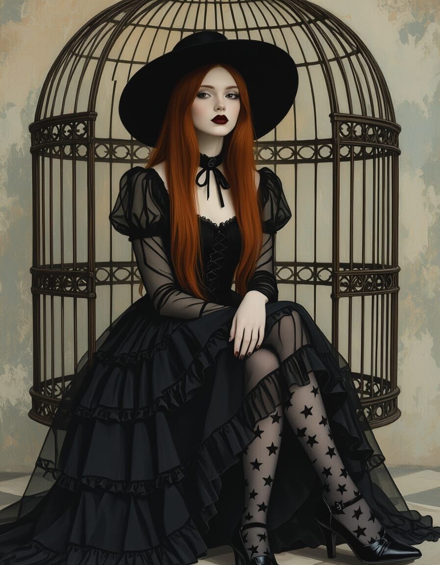 Gothic Woman in Birdcage, Dark Academia Style