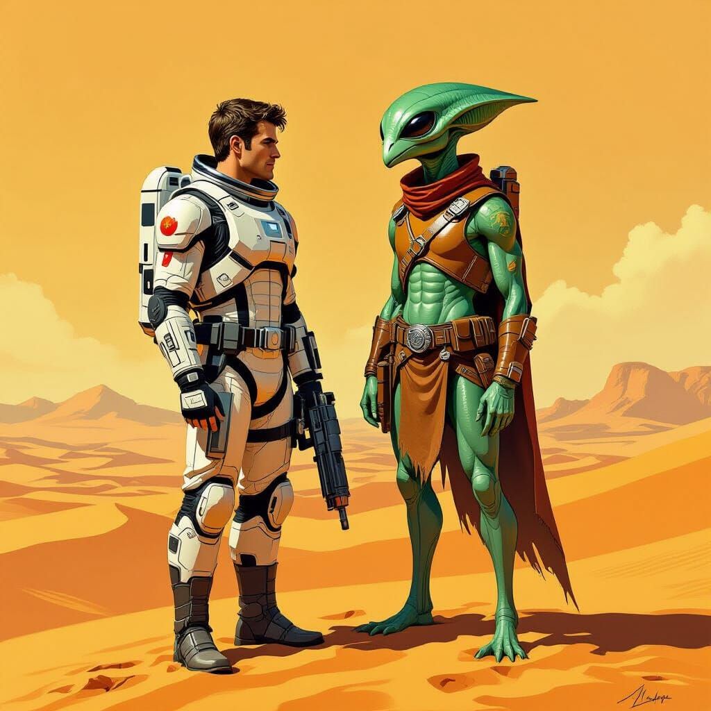 Astronaut and Bird-Like Alien on Mars in Pulp Sci-Fi Style
