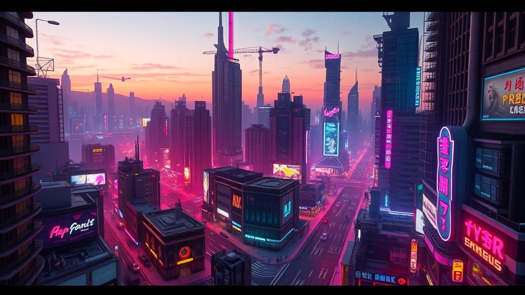 Cyberpunk Cityscape with Neon Lights at Dusk