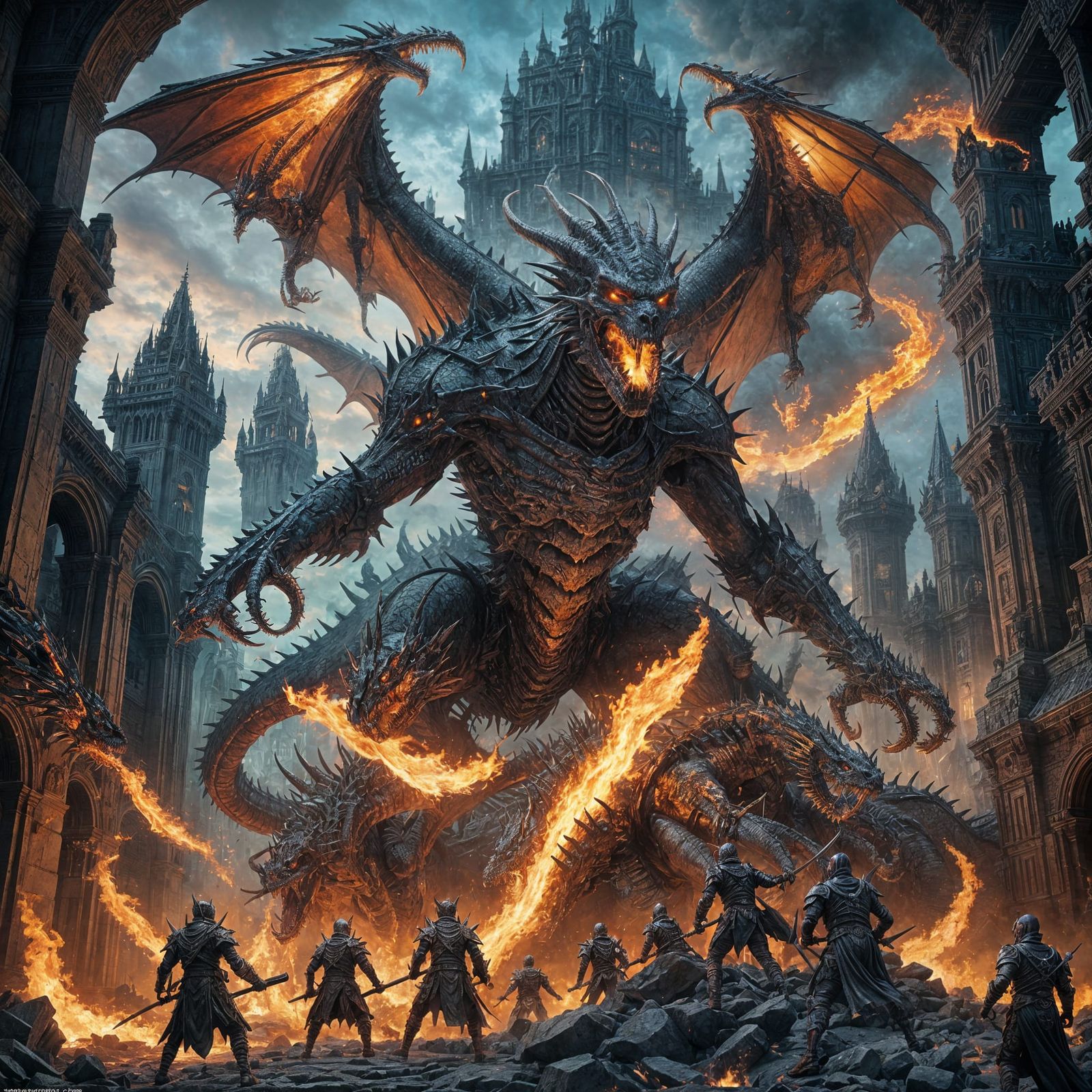 Flaming Skeleton Army Dragon Fight: Detailed Fantasy Art