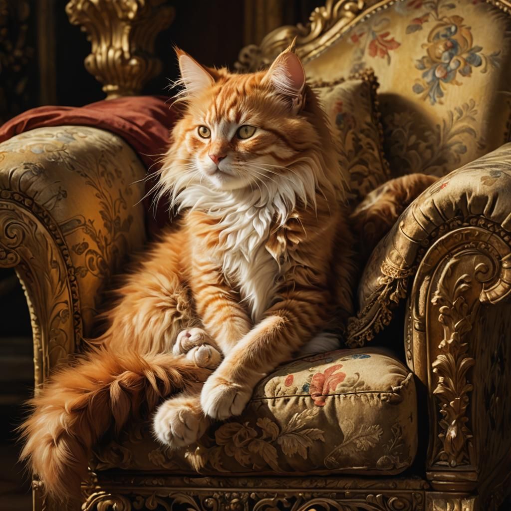 Baroque Kitten Sleeps in Armchair, Canaletto Style