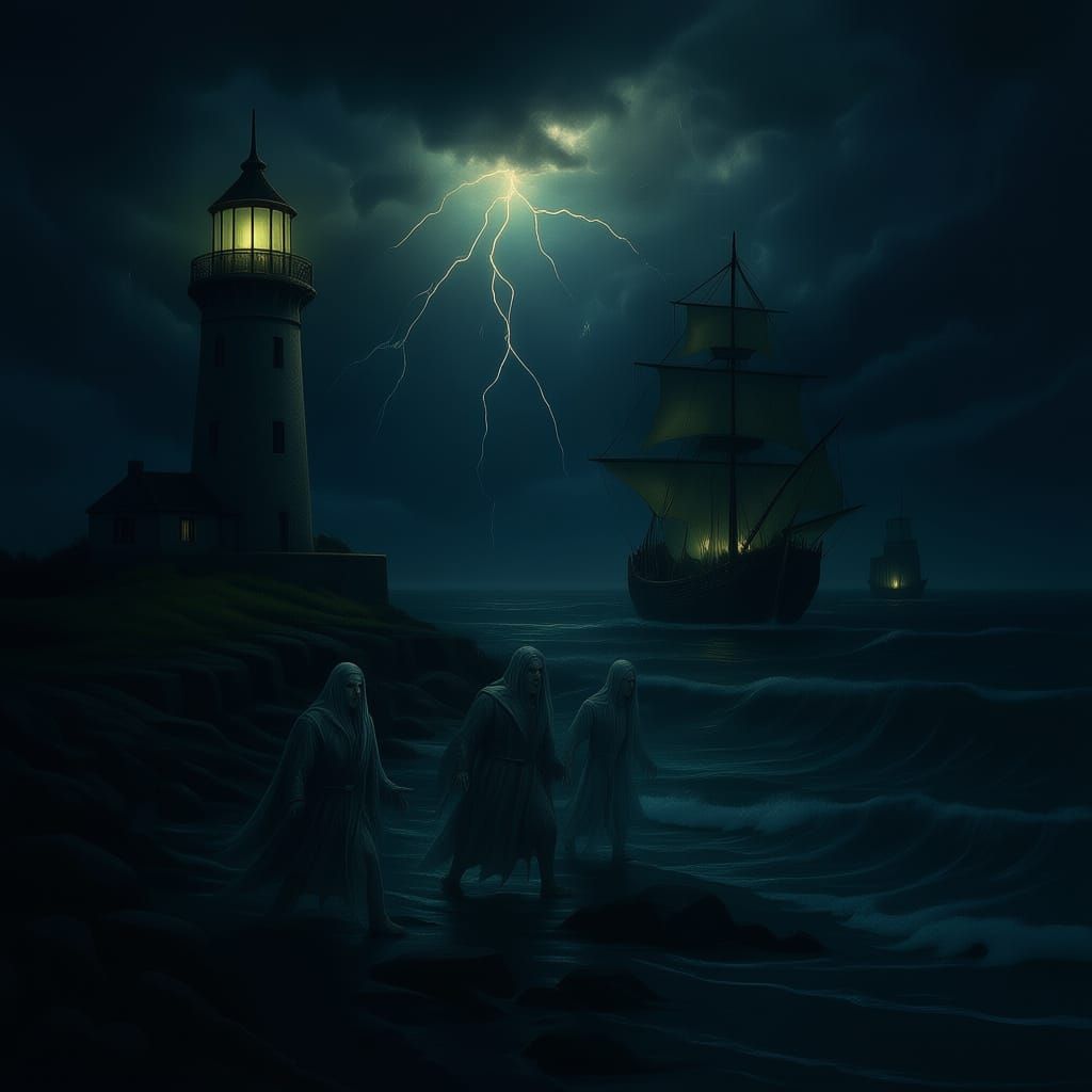 Ghostly Lighthouse and Pirate Ship in Storm
