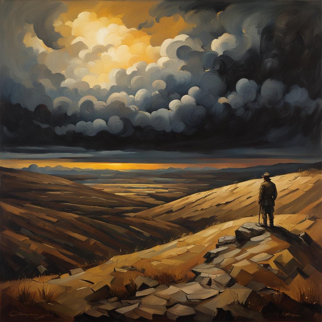 Surreal War Torn Landscape with Lone Figure