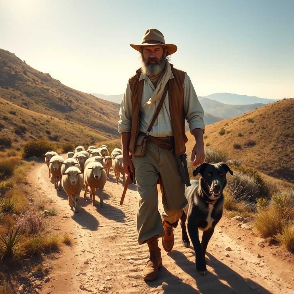 Corsican Shepherd Strolls Through Sun-Kissed Hills with Floc...