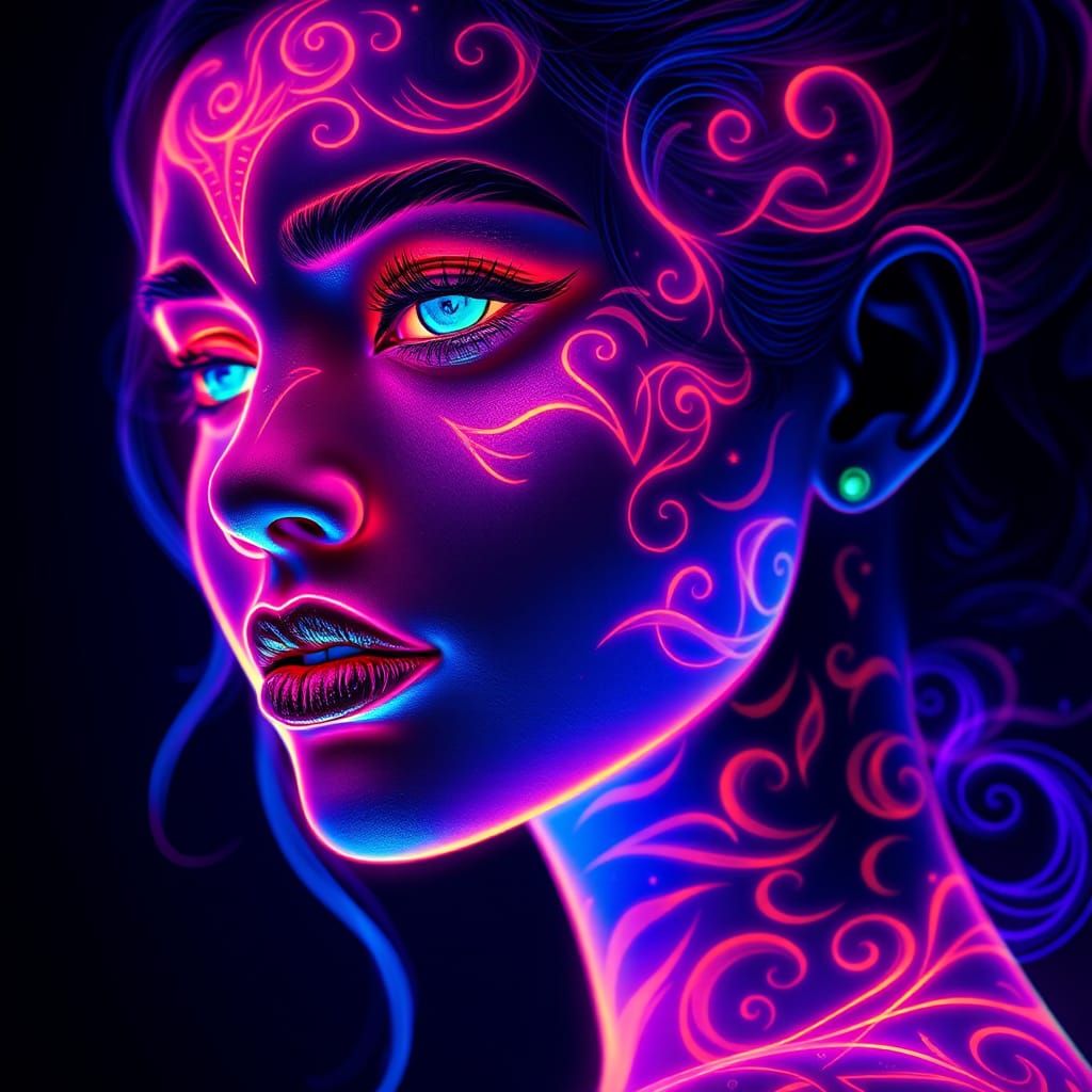Glowing Tattooed Lady in Neon Dreamscape