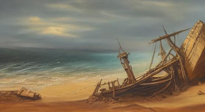 Shipwreck on Rocky Shore: A Vibrant Oil Painting