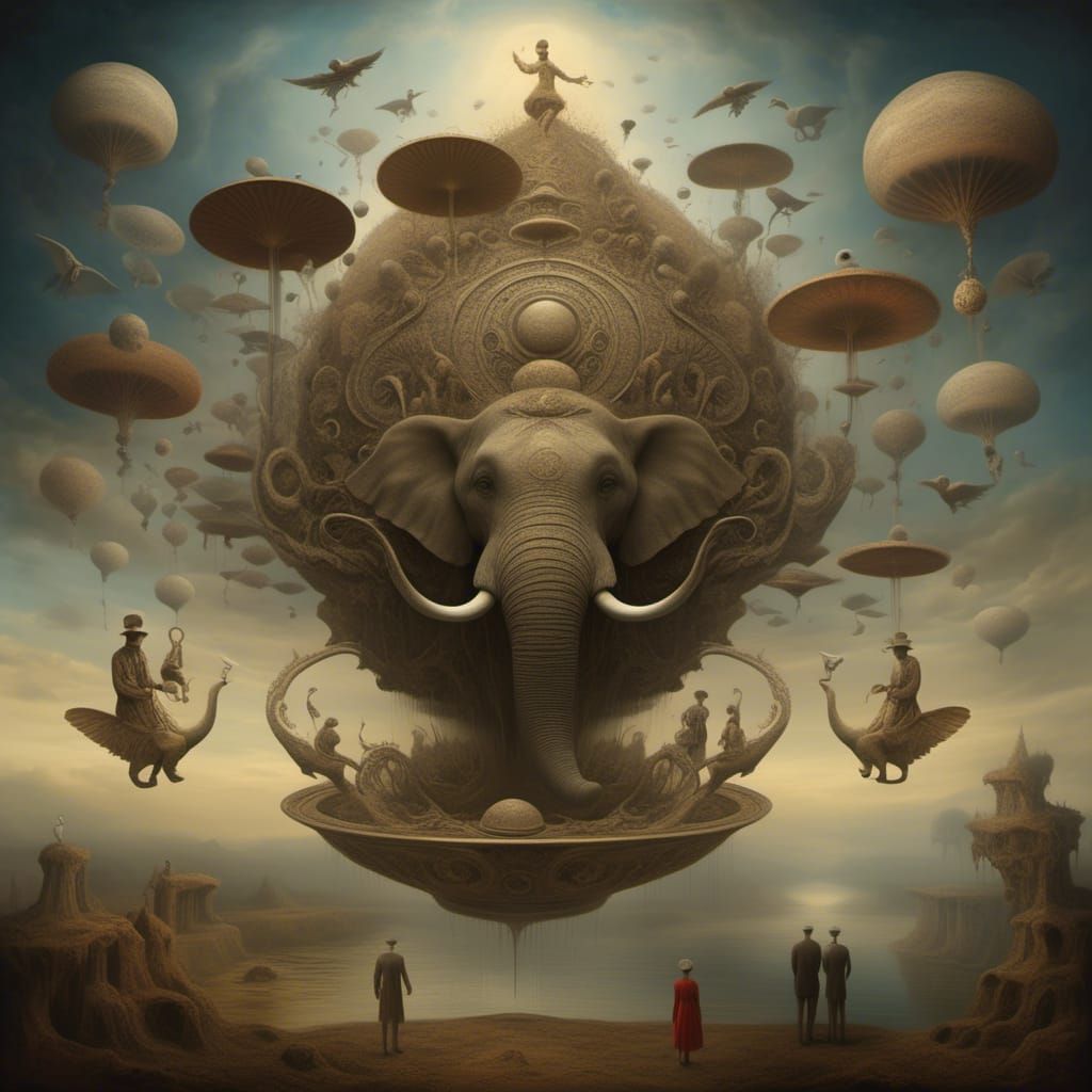 Surreal Album Art with Flying Elephants and Fish