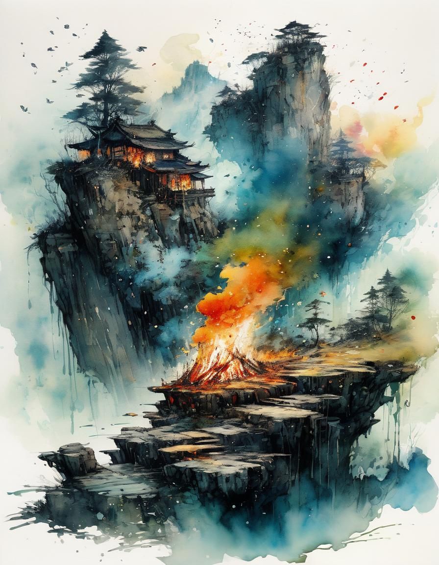 Watercolor Fantasy Landscape with Fire and Particles
