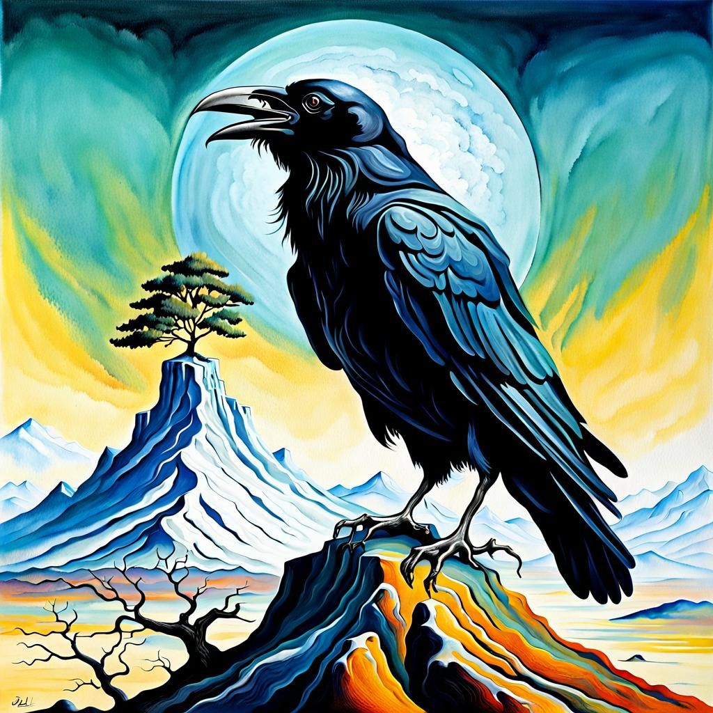 Surreal Raven Logo in Dali-esque Oil Painting