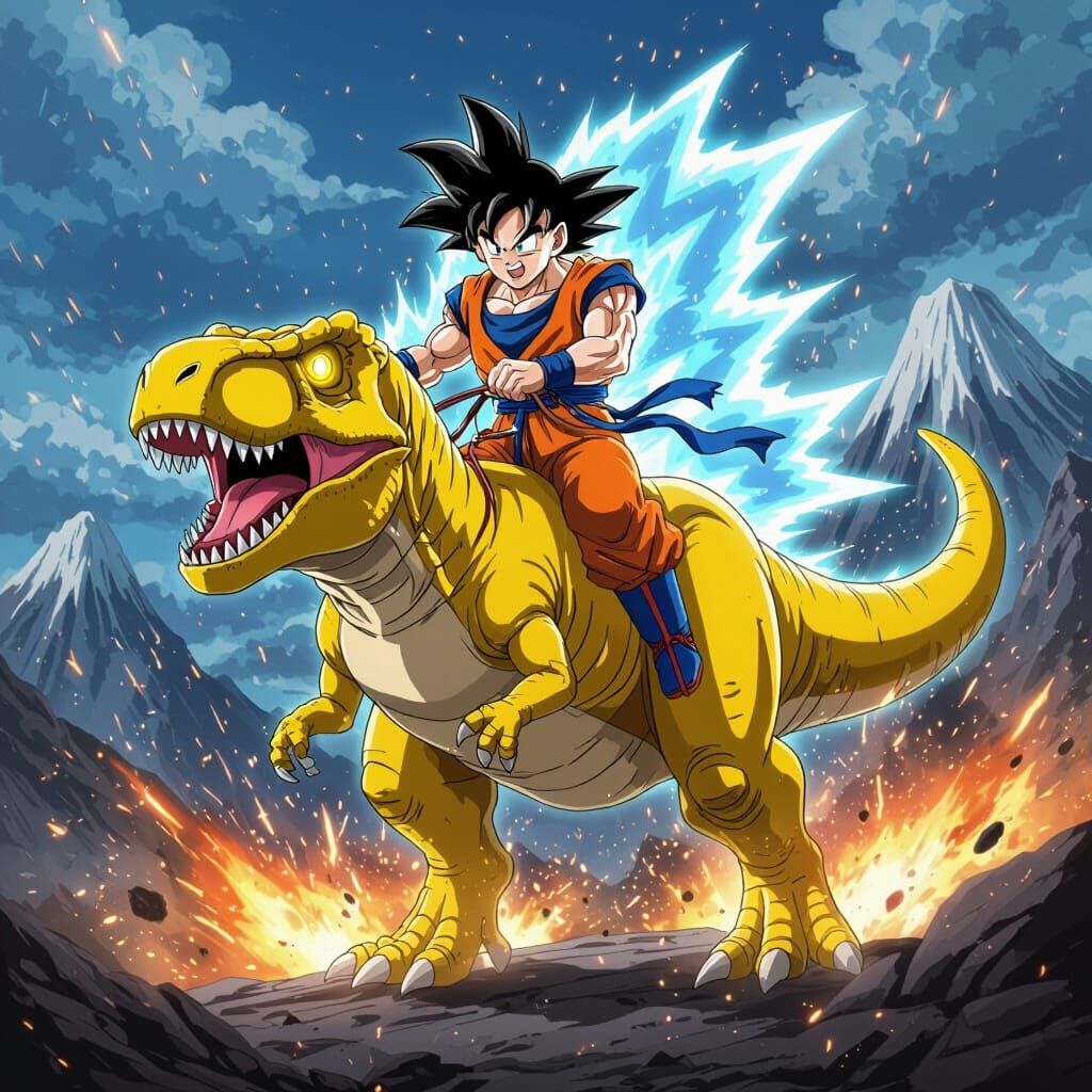 Goku Rides a T-Rex in Akira Toriyama Anime Style