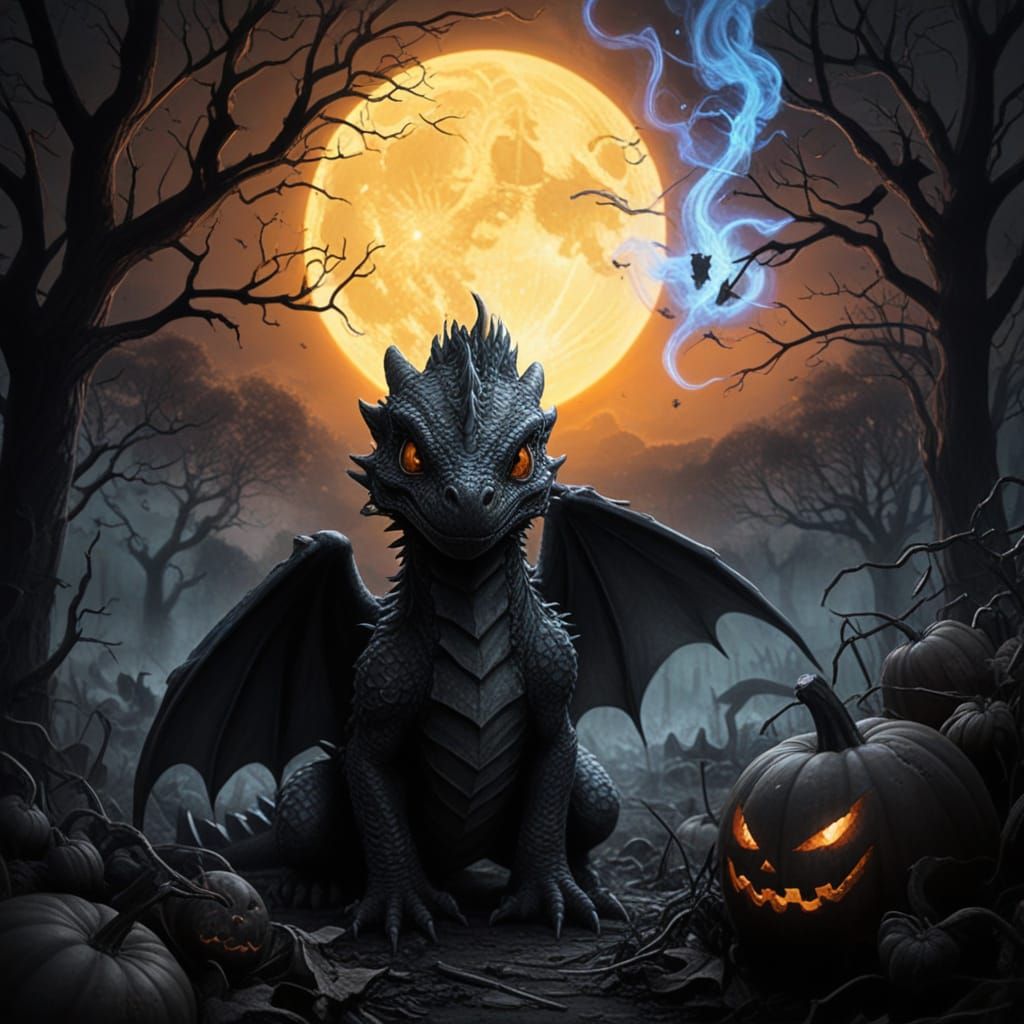 Baby Dragon Emerging From Halloween Pumpkin Patch Charcoal D...