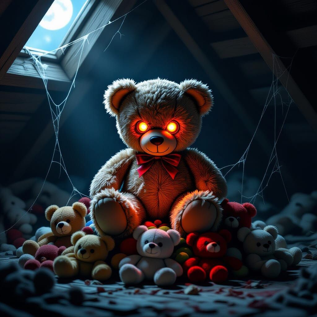 Sinister Teddy Bear with Fiery Eyes in Dim Attic