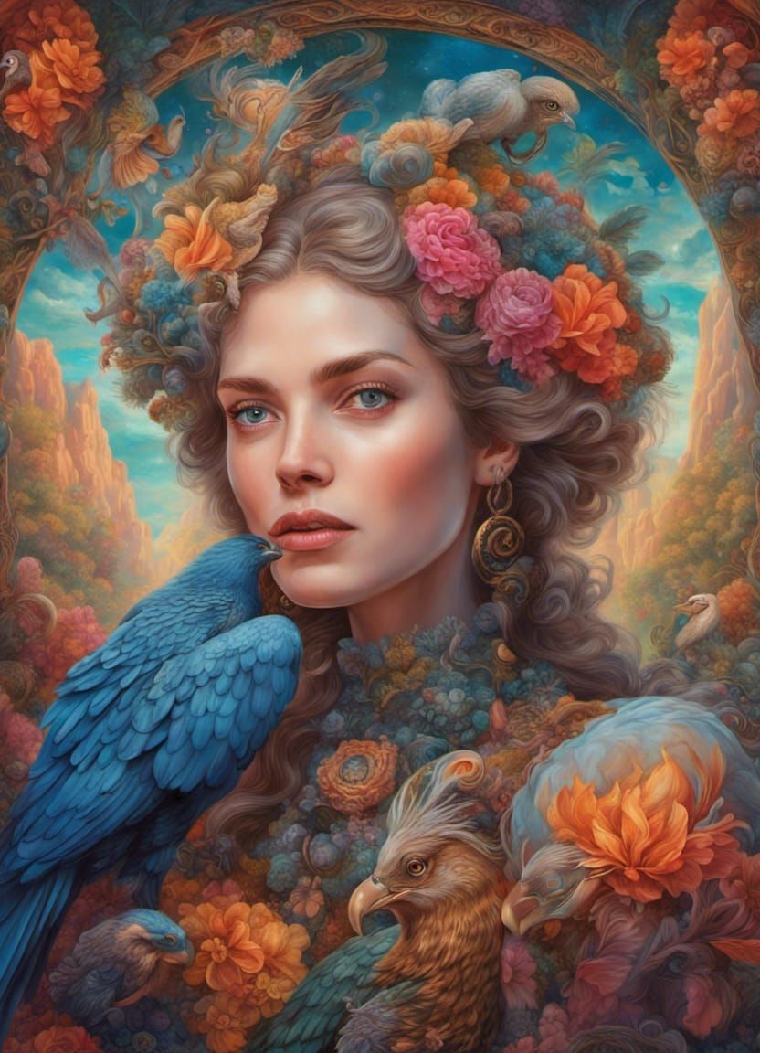 Maximalist fantasy portrait of a beautiful woman with a pet vulture. Use intricate detail, vibrant bold colors, overlay ...