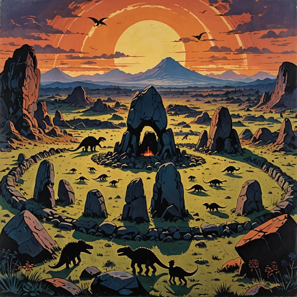 Stone Circle Record Sleeve with Dinosaurs in Expressionism