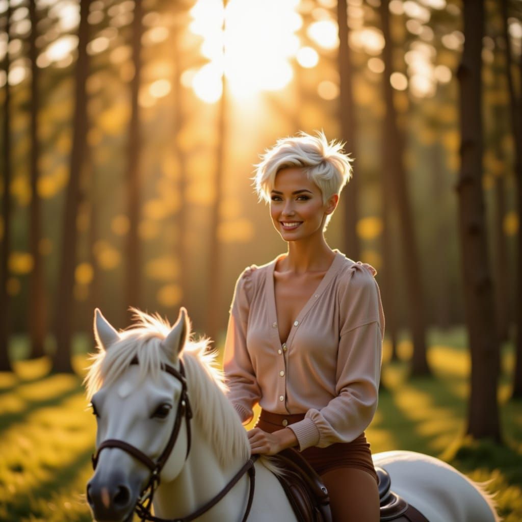 Toned Woman on Horse in English Woods at Golden Hour