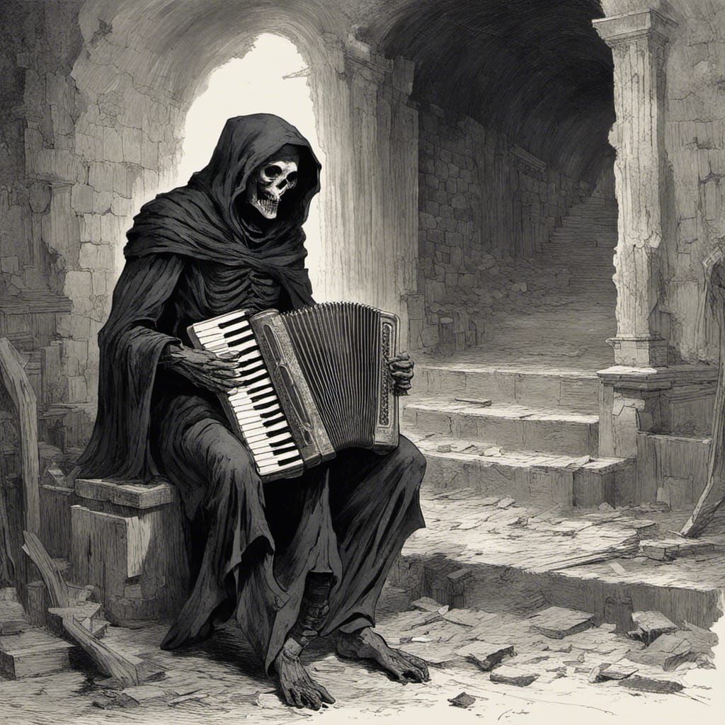 Sinister Grim Reaper Accordion Player in Ruins