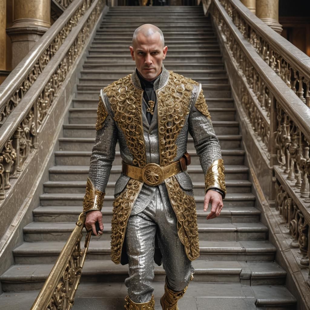 Man in Chain Mail Suit on Grand Staircase