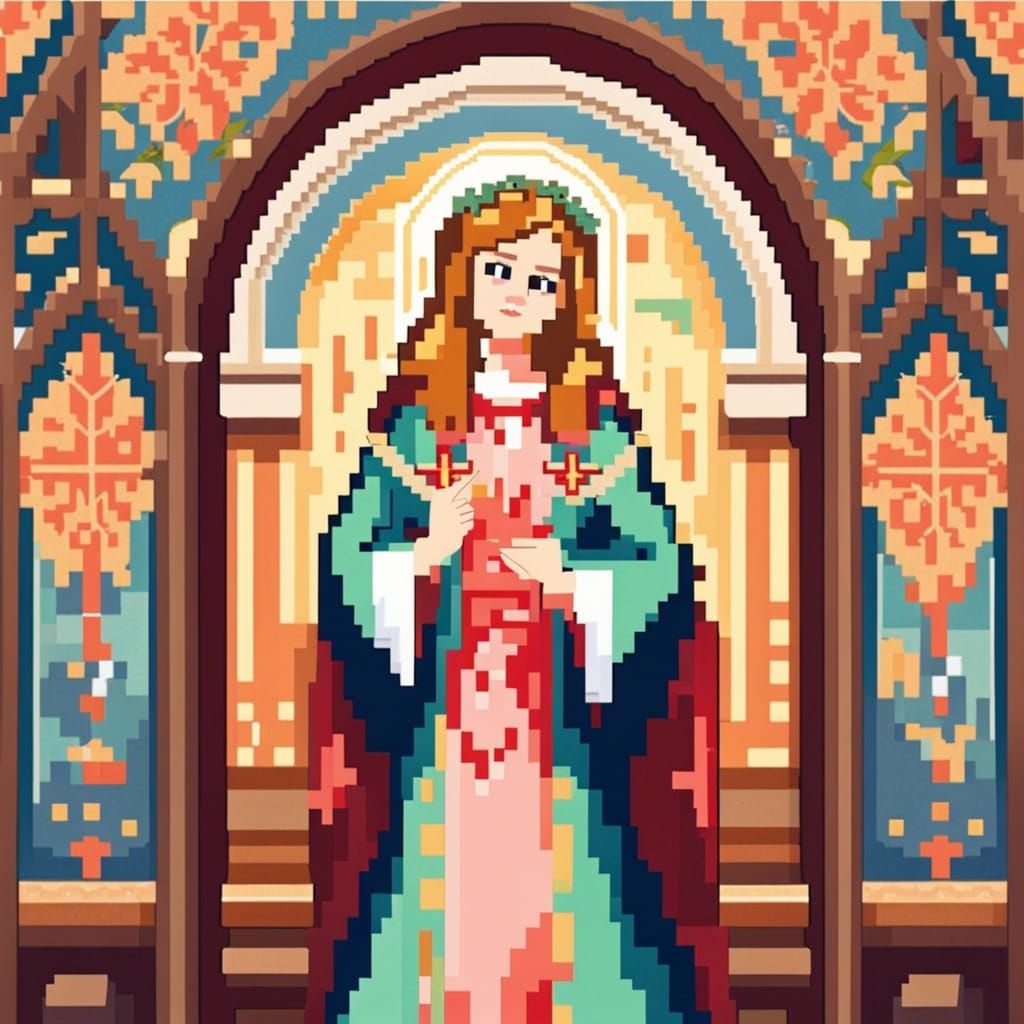 Elegant Catholic Church Girl in Pixel Art Style