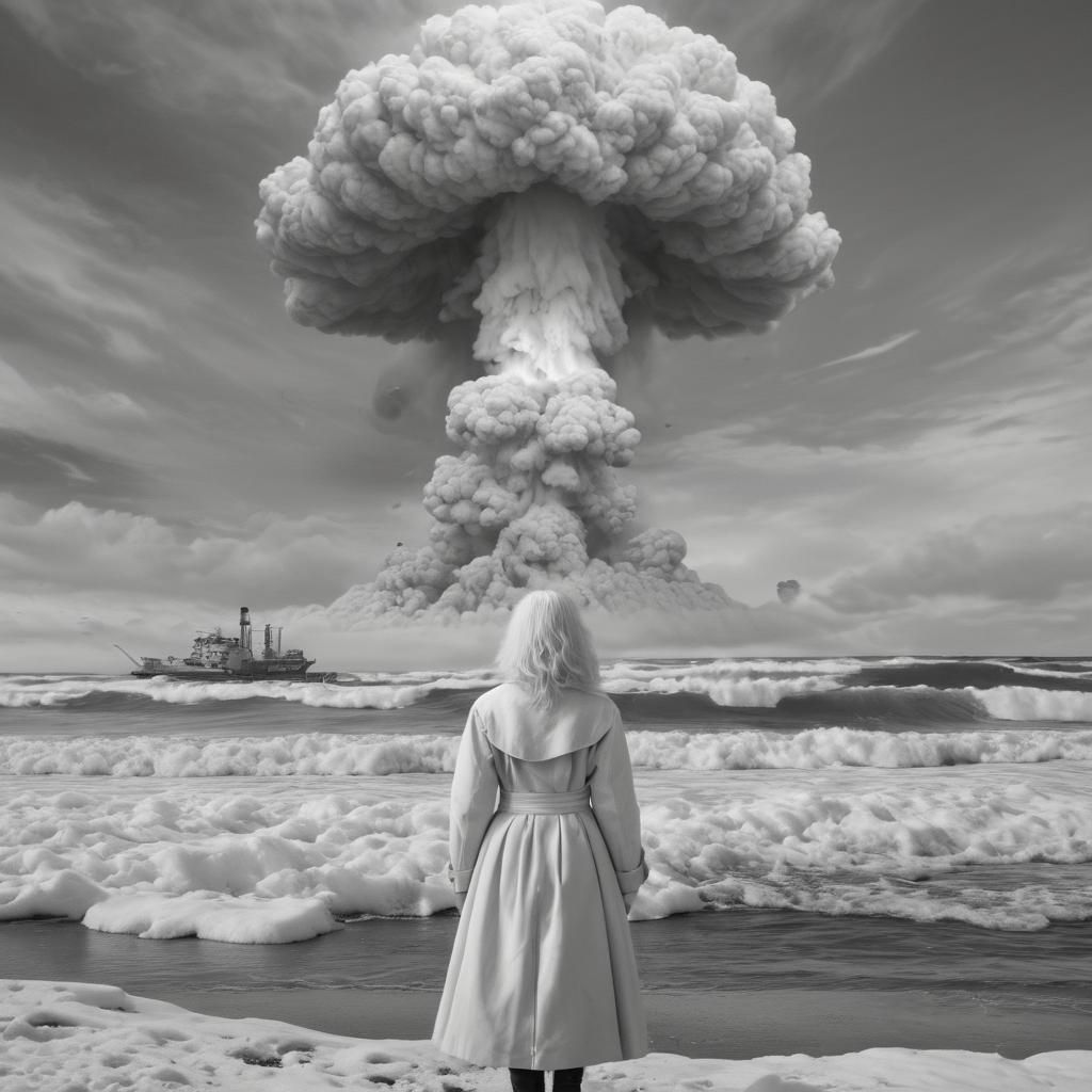 Monochromatic Nuclear Winter Shore with Albino Woman