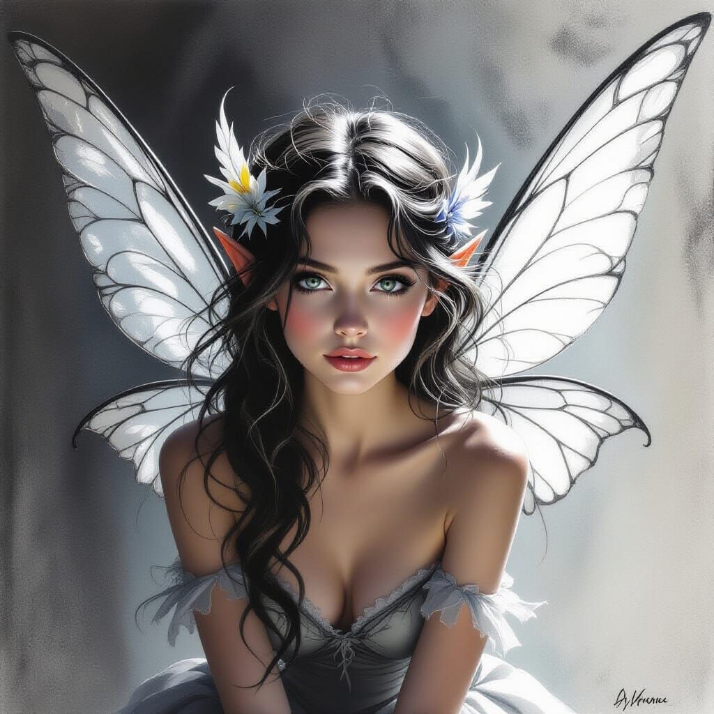 Delicate Winged Fairy in Charcoal Drawing Style