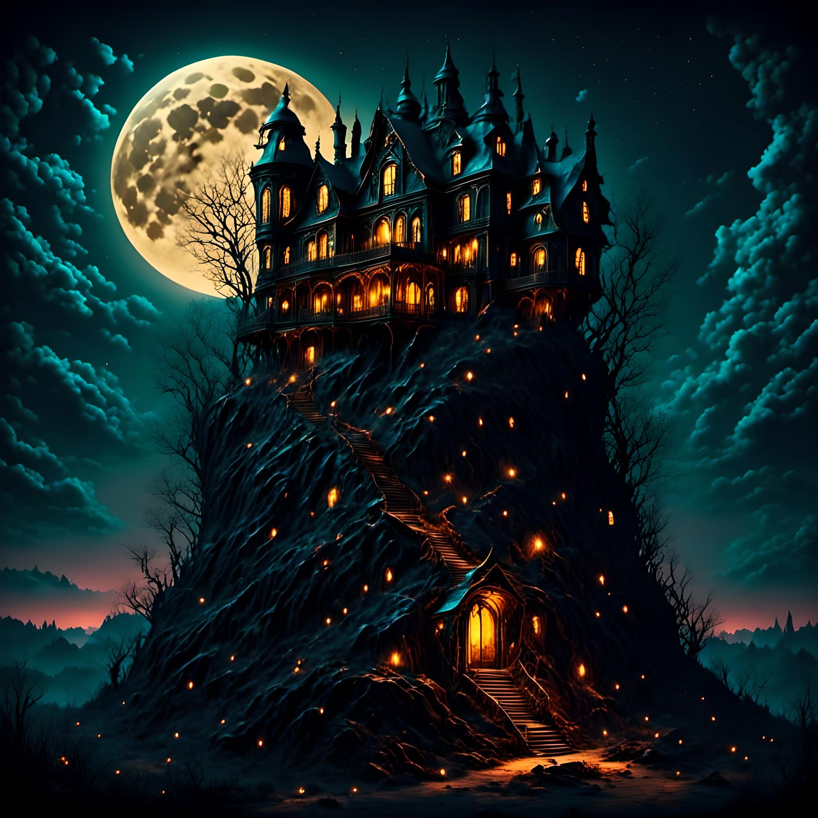 Dark House on Hill with Golden Moon