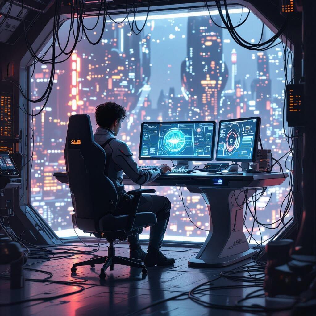 Futuristic Computer Setup in Sci-Fi Style