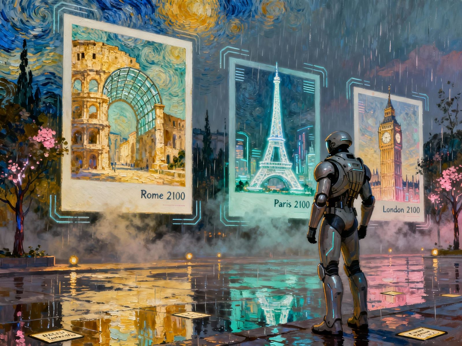 Futuristic Soldier Gazes at Holographic City Memories