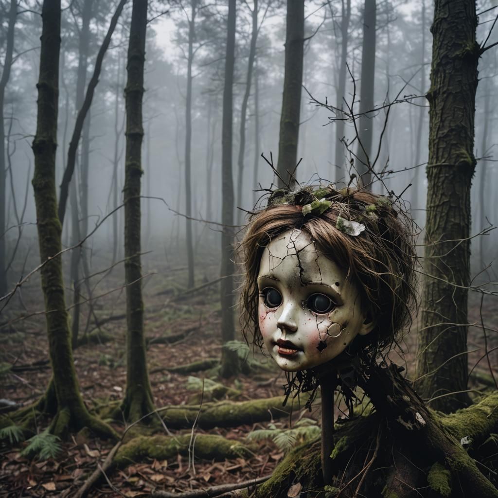 Broken Doll Head in Foggy Twilight Forest