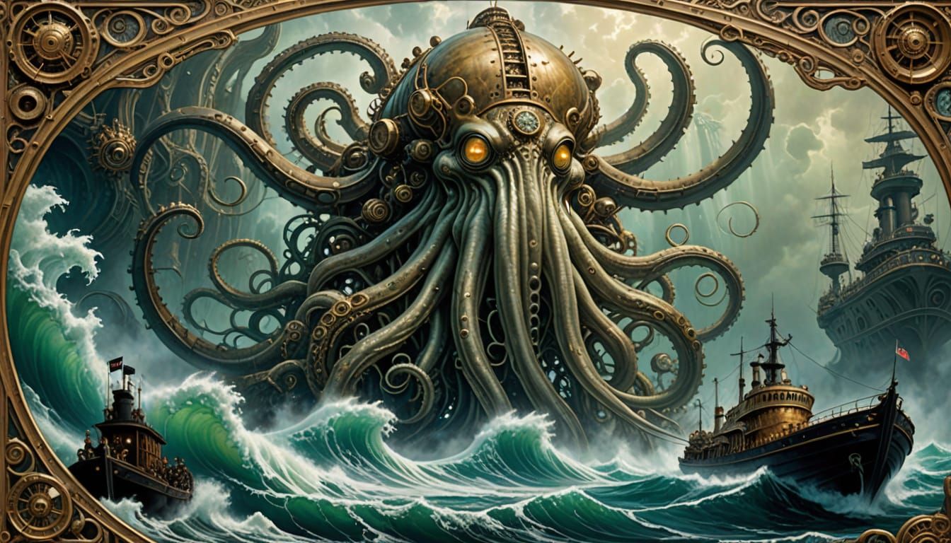 Giant Kraken Attacks Steampunk Submarine in Rough Seas