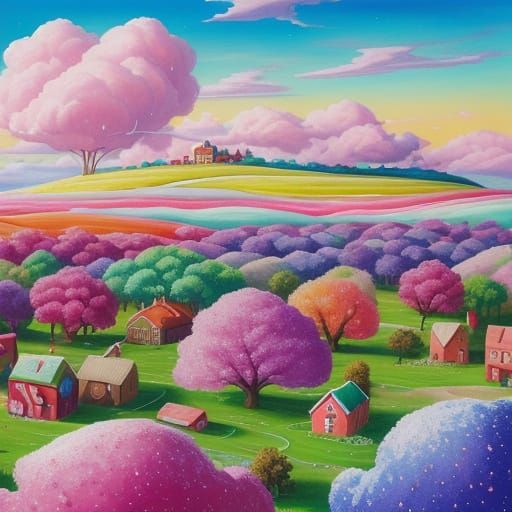 Vibrant Whimsical Village Scene in Gouache Style