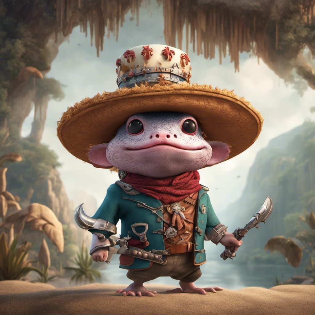 Cartoon Axolotl as Pancho Villa in Detailed Painting