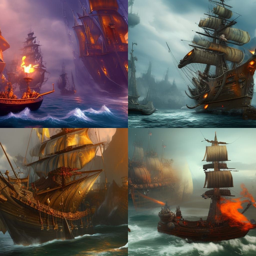 Pirate Ship Firing Cannons: Detailed Matte Painting