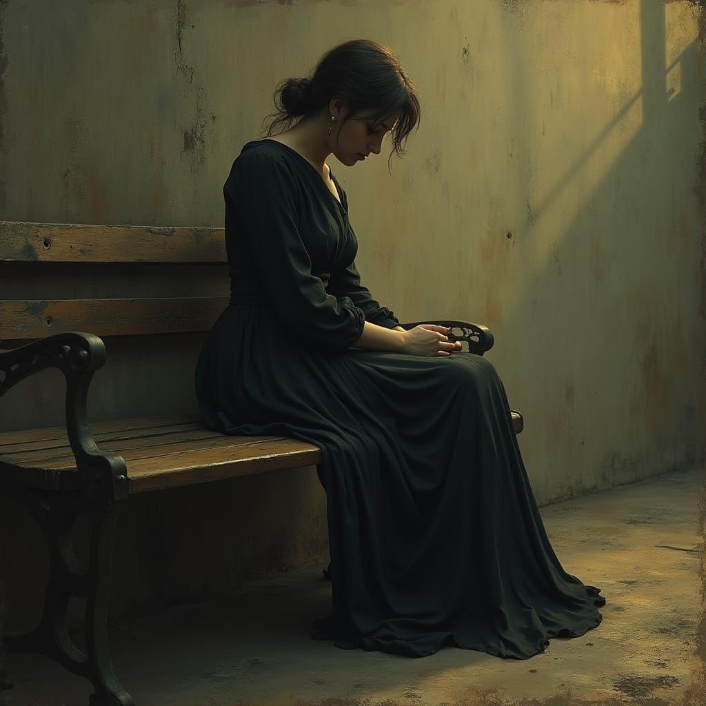 Sorrowful Mother Contemplates in Moody Realism