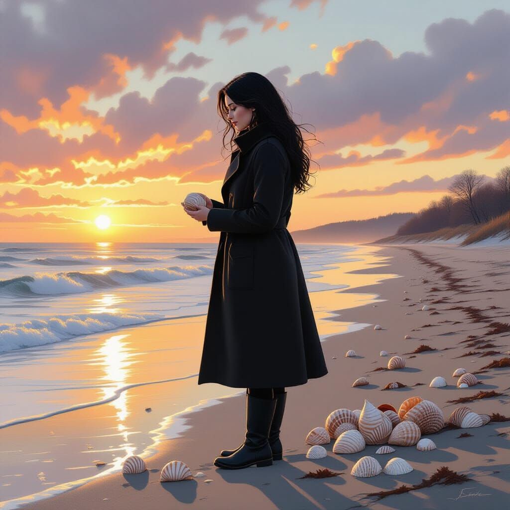 Spring Seashell Collector in Golden Sunrise Light